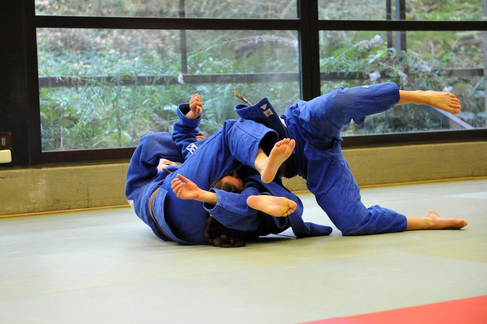 Zwei Judoka in blauer Judokleidung üben einen Bodenkampf auf einer tatami in einem lichtdurchfluteten Raum.
